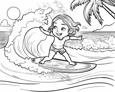 coloring page of a girl surfing