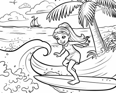 coloring page of a girl surfing