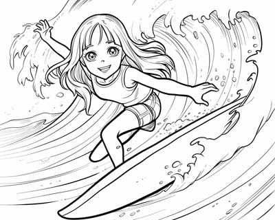 coloring page of a girl surfing
