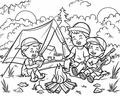 coloring page of tent camping and ukelele songs around the campfire