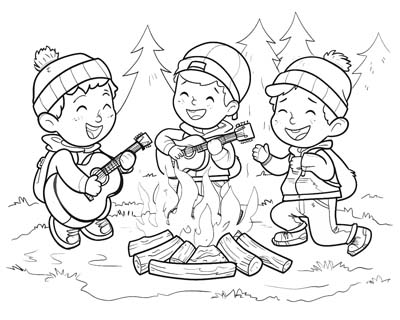 coloring page of kids singing campfire songs with a guitar and ukelele