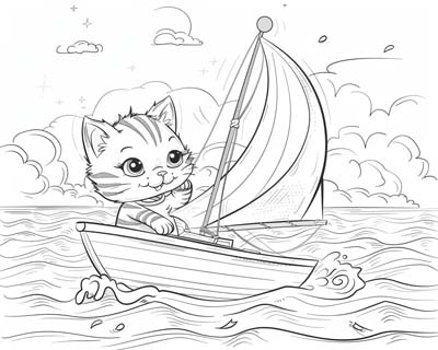 coloring page of a cat sailing a sailboat