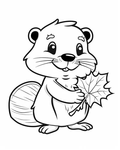 coloring page of a beaver with a maple leaf