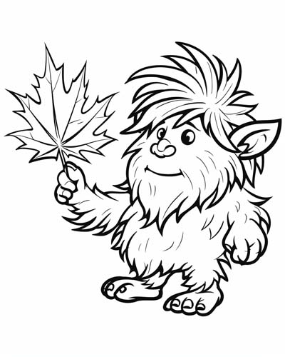 coloring page of a troll with maple leaves