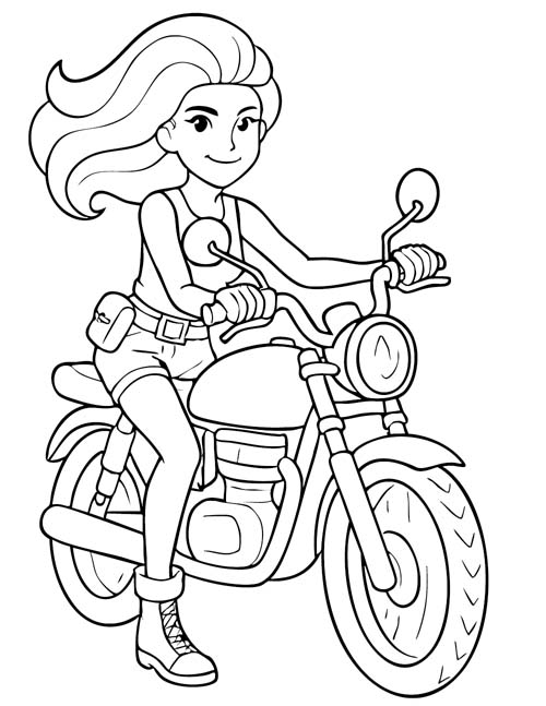 coloring page of Scarlett on a motorcycle