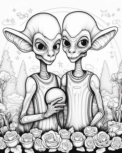Alien couple in love coloring page