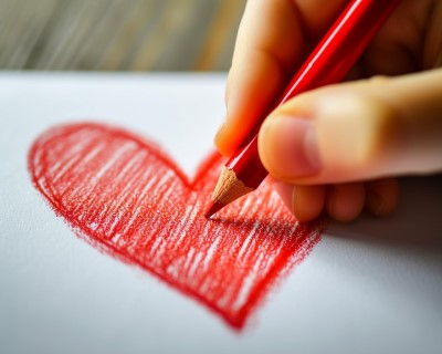 a child coloring a heart with a pencil crayon.
