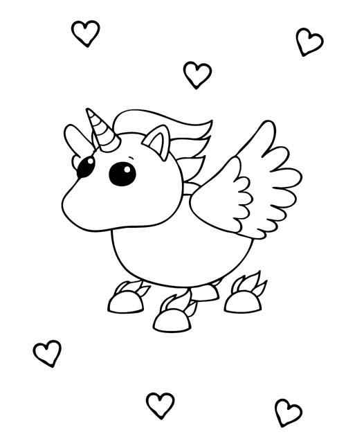 coloring page of a roblox adopt me Alicorn with hearts