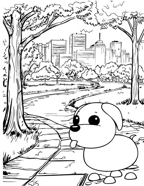 coloring page of a roblox adopt me Dog in a city park