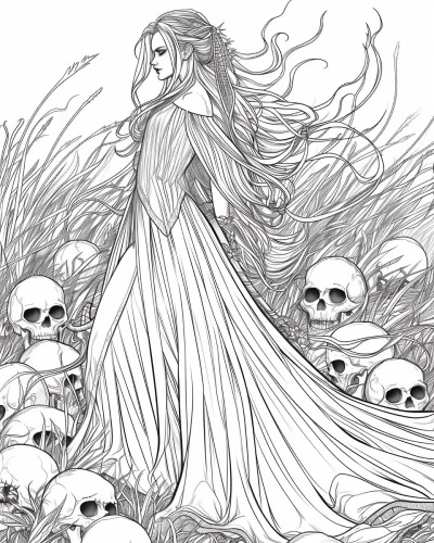 coloring page of the Norse goddess Hel
surrounded by skulls on the battlefield 
