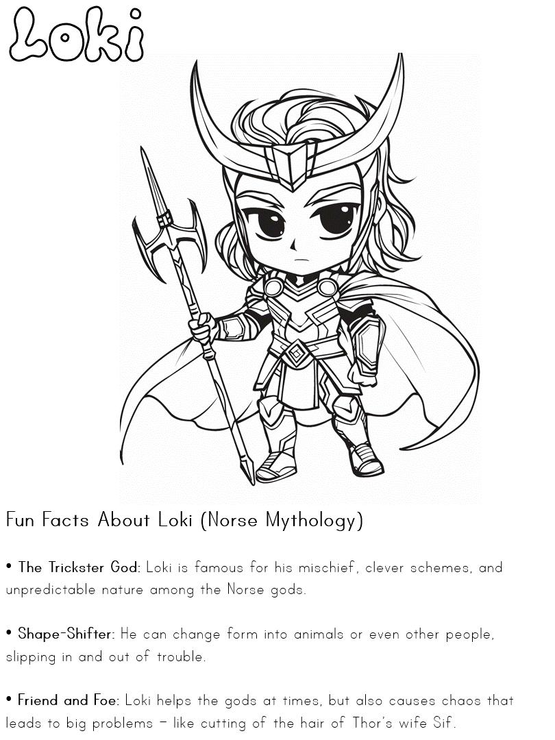 Printable informational worksheet for Loki from Norse Mythology