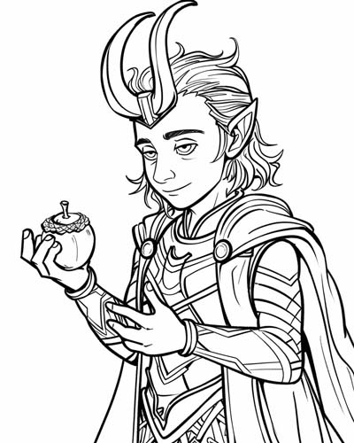 coloring page of Loki holding Idun the nut