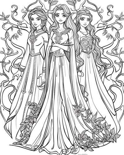 coloring page of The Norns underneath of Yggdrasil, the World Tree