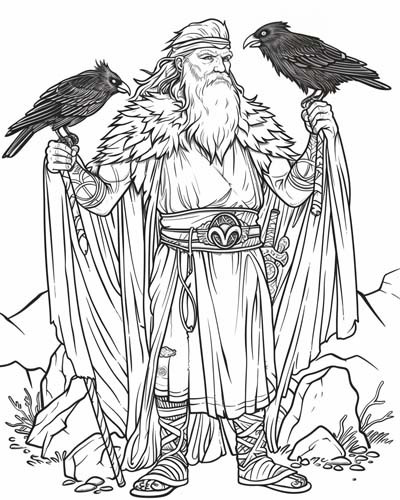 coloring page of Odin, Huginn and Munin
