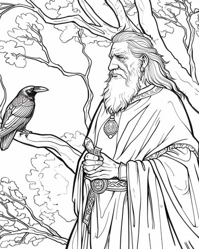 coloring page of Odin and Munin
