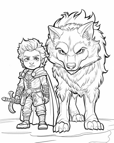 cartoon coloring page of the norse god Tyr and Fenrir