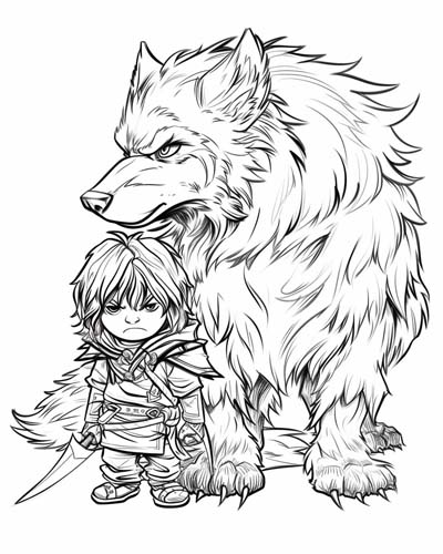 coloring page of a grumpy Tyr and Fenrir