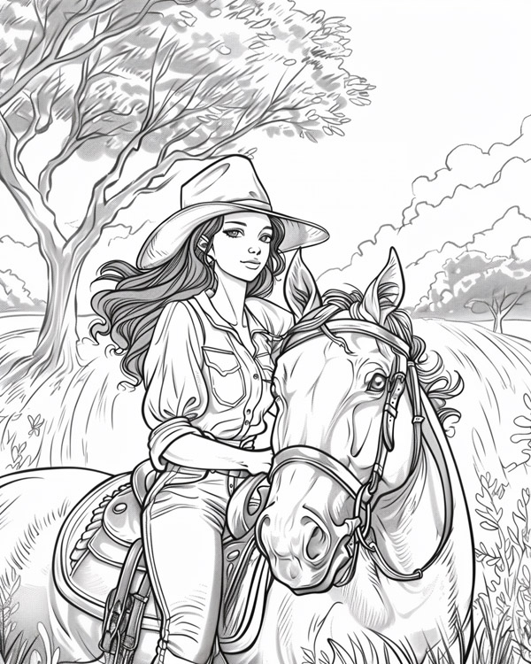 Legends of the West coloring page: Annie Oakley on horseback