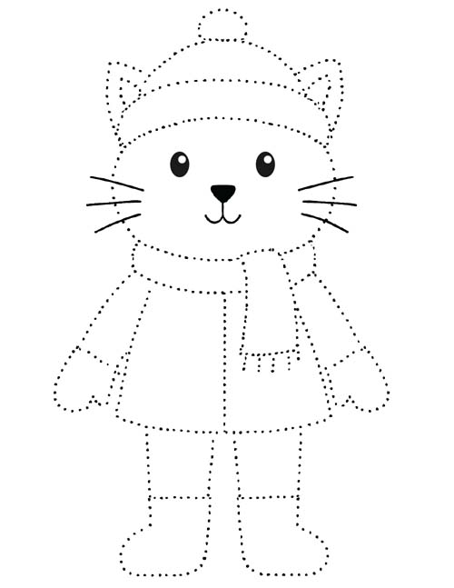 easy dotted outline coloring page of a kitten dressed for winter