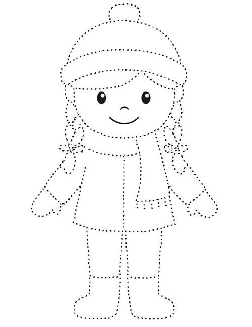 easy dotted outline coloring page of a girl dressed for winter