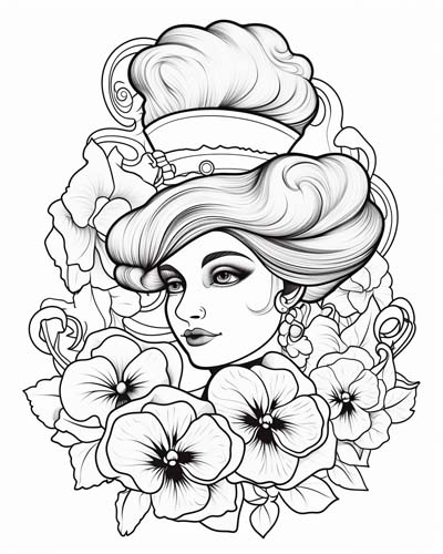 Woman and pansies  coloring page