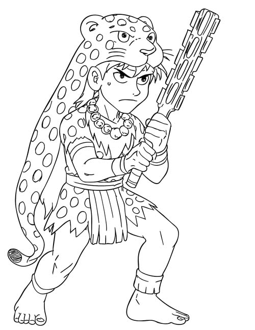 Aztec coloring page of a young jaguar warrior
