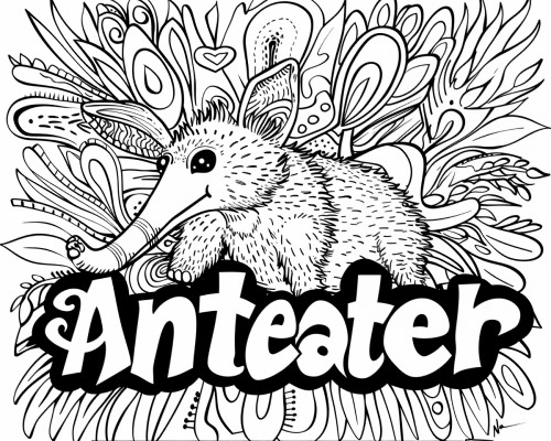 coloring page of a anteater doodle art with bubble letter label