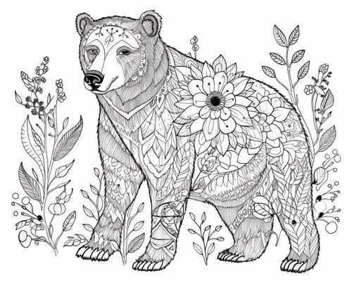 bear and flowers coloring page