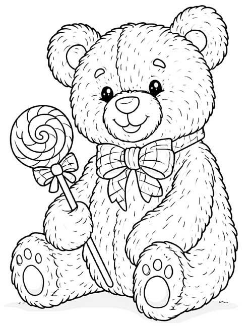 ink sketch, coloring page of a teddy bear with a lollipop