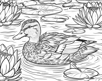 coloring page of a duck and water lilies