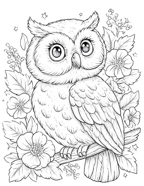 Detailed coloring page of an owl perched on a branch surrounded by flowers