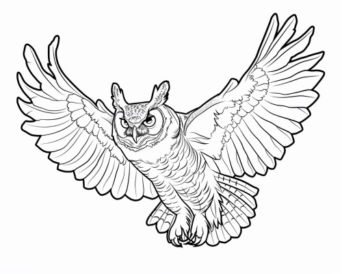 coloring page of a great horned owl flying