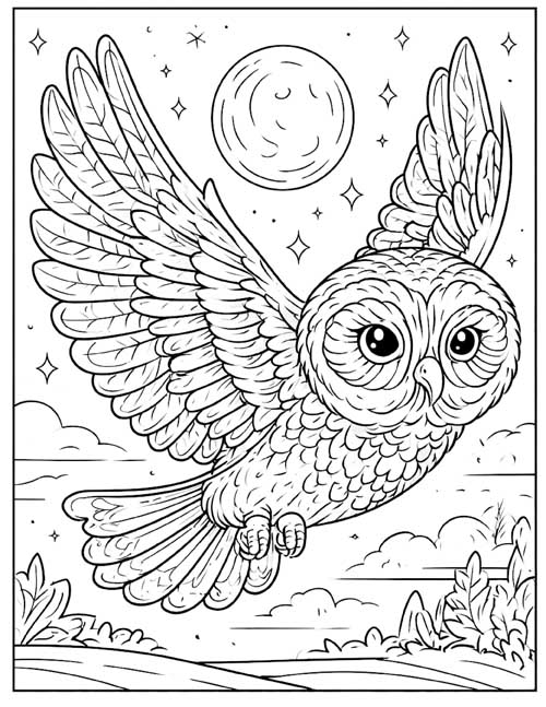 Coloring page of an owl in flight on Halloween night