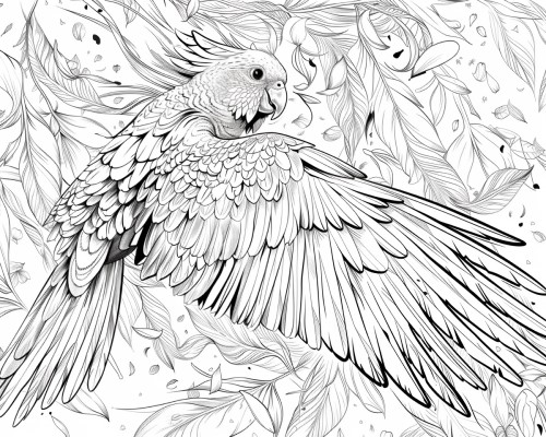 coloring page of a parrot exploding from the underbrush