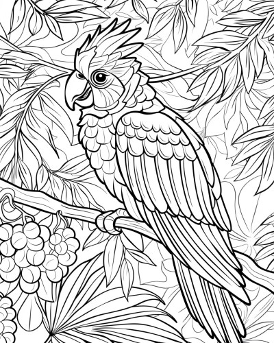 adult coloring page of a parrot in the jungle