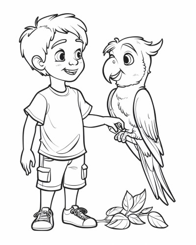 parrot and a boy coloring page