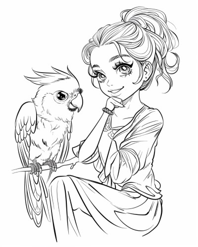 parrot and a girl coloring page