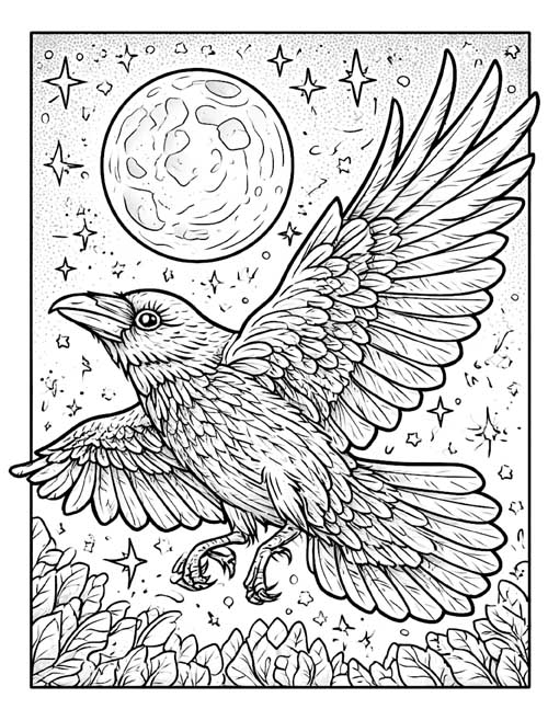 ink sketch coloring page of a raven flying in the moonlight