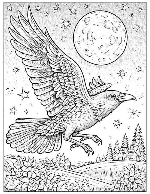 pen and ink coloring page of a raven flying in the moonlight