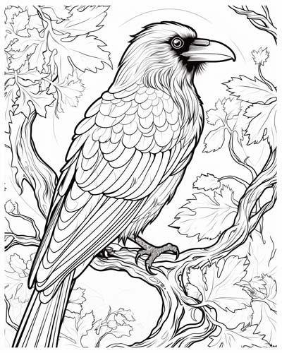 coloring page of a raven in an autumn forest
