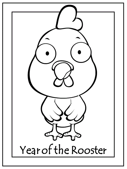 Coloring page of a cute rooster with the words Year of the Rooster