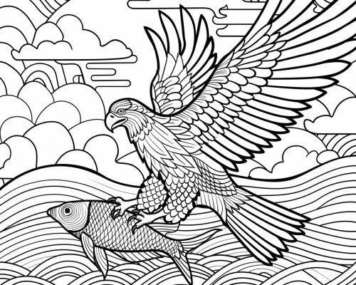 eagle flying with a fish coloring page with bold lines