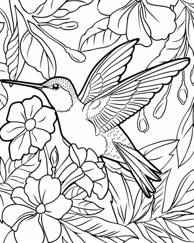realistic hummingbird and flowers coloring page
