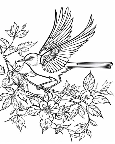 coloring page of a mockingbird landing in a flowering tree