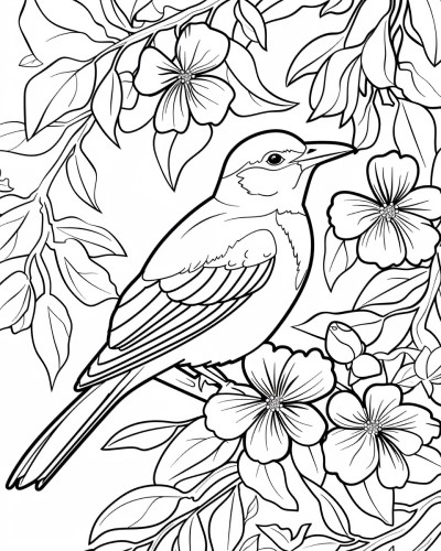coloring page of a mockingbird in a flowering tree