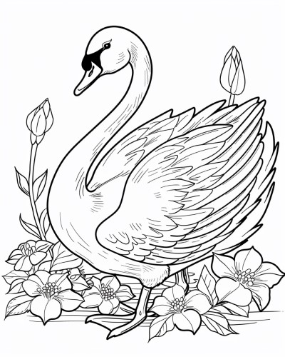 realistic swan and flowers coloring page