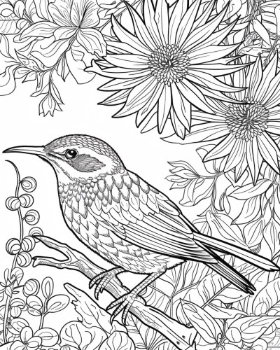coloring page of a realistic wren and flowers
