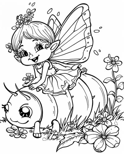 caterpillar being ridden by a fairy coloring page