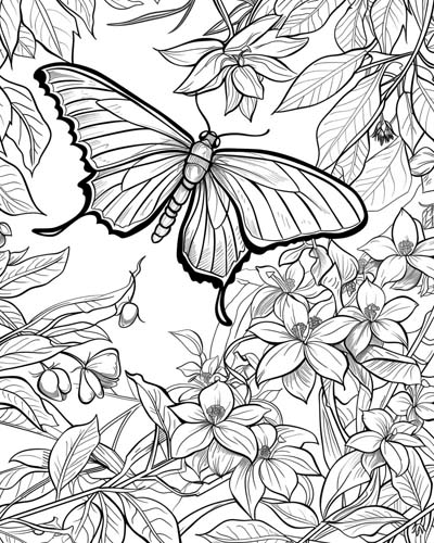 Butterfly and flowers coloring page