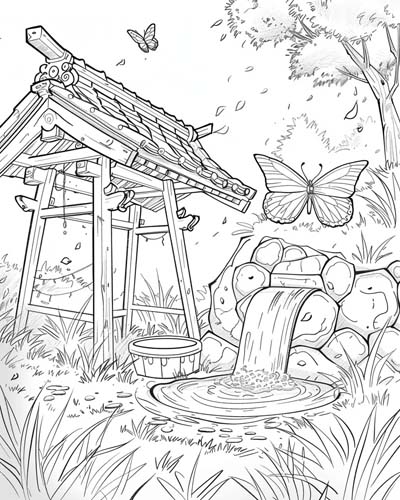 butterfly and well coloring page